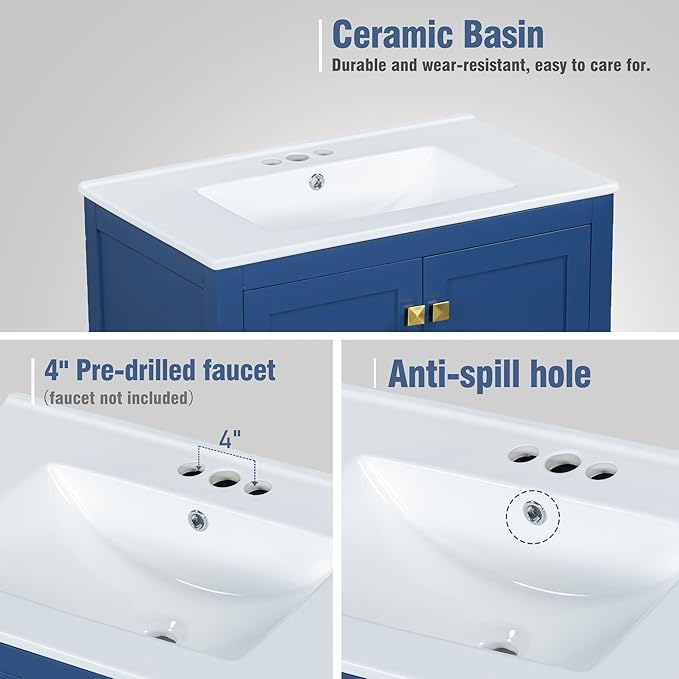 GDFStudio 30" Bathroom Vanity Sink Combo with 1 Drawers & 2 Soft Closing Doors Floor Mount Freestanding Wood Bathroom Storage Cabinet Set with Ceramic Basin Sink Top for Small Bathroom Space, Blue