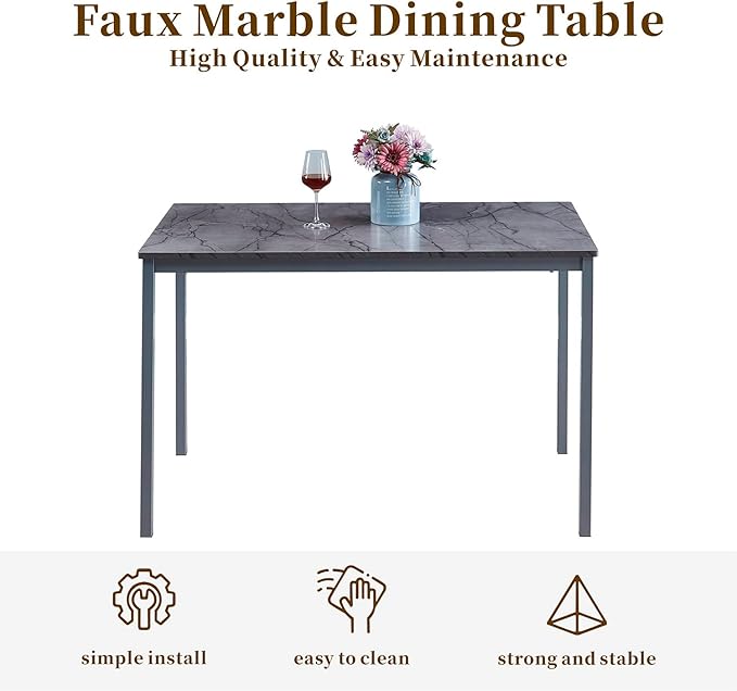 Faux Marble Dining Table for 4, Modern Kitchen & Dining Room Table for 4, Rectangular Dinner Table for Small Space, Grey