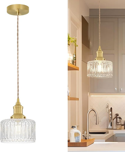 Vintage Pendant Lights for Kitchen with Clear Striped Glass Shade, 6.9 In Brushed Gold Pendant Lights Kitchen Island, Small Kitchen Island Lighting Adjustable Hanging Light for Entrance Hallway