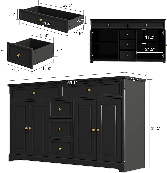 ECACAD Sideboard Buffet Cabinet with 4 Storage Compartments & 5 Drawers, Kitchen Console Table Storage Cabinet Coffee Bar for Living Room, Hallway, Black