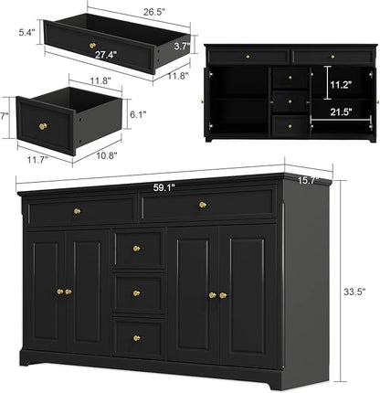 ECACAD Sideboard Buffet Cabinet with 4 Storage Compartments & 5 Drawers, Kitchen Console Table Storage Cabinet Coffee Bar for Living Room, Hallway, Black