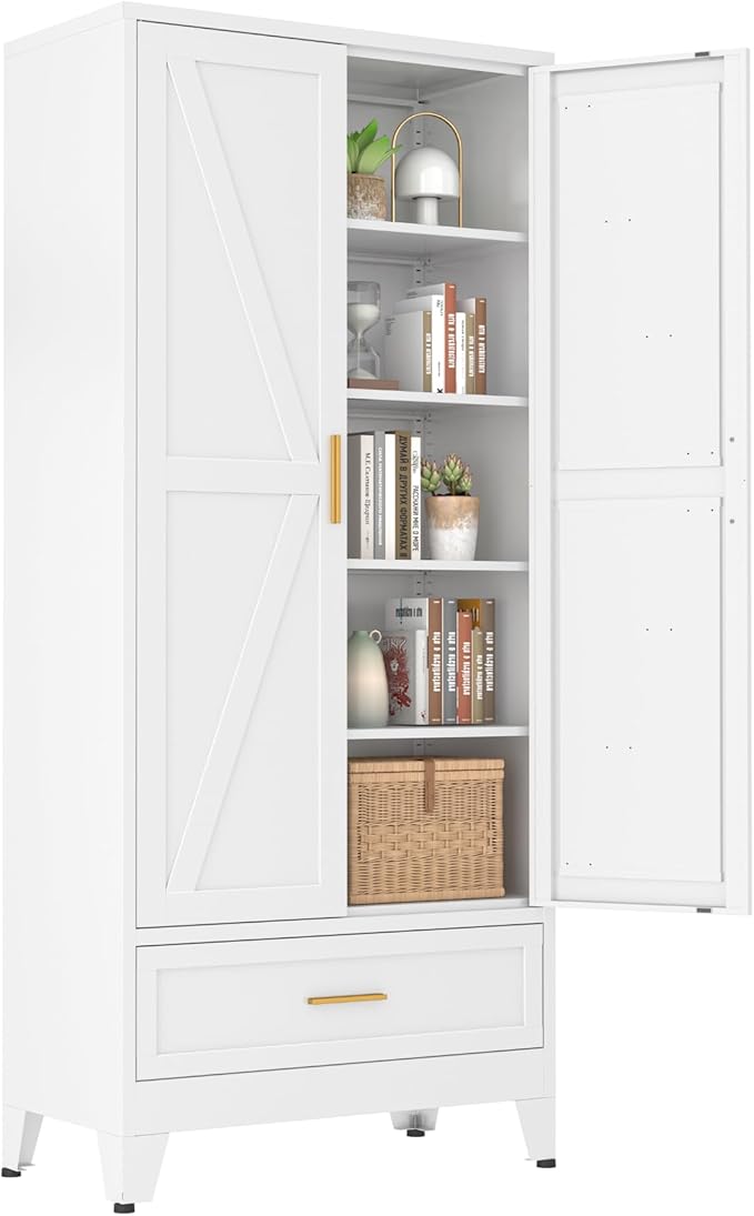 Bevivog Farmhouse Metal Storage Cabinet with 4 Shelves, 71" Tall Shelf Cabinets with 2 Barn Doors & Drawer, 31.5" Wide Storage Cabinet with Doors for Office/Pantry/Bathroom