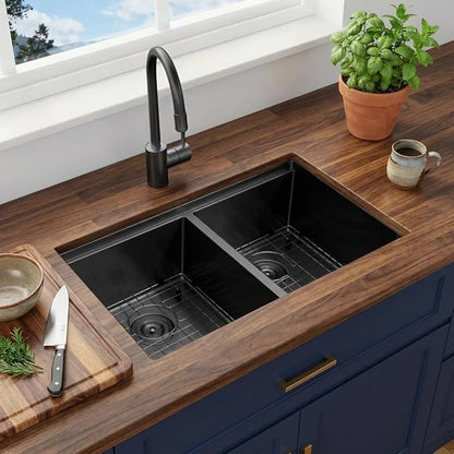 LQS 32 Inch Black Kitchen Sink, Undermount Kitchen Sink Black with Abundant Workstation Accessories, 10” Deep Enough and 50/50 Double Kitchen Sink for Food Prep and Dish Rinsing