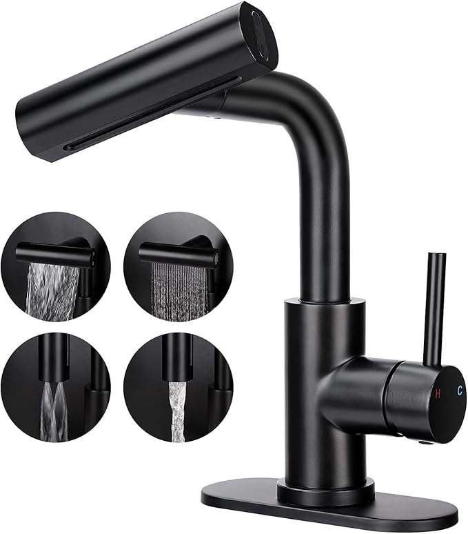 Bathroom Sink Faucet with 4 Mode Pull Down Sprayer, Matte Black Single Handle Pull Out Faucet with Pop-Up Drain, 1 or 3 Hole Laundry Bar Basin Faucet with Deck Plate