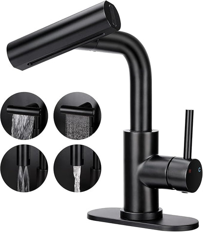 Bathroom Sink Faucet with 4 Mode Pull Down Sprayer, Matte Black Single Handle Pull Out Faucet with Pop-Up Drain, 1 or 3 Hole Laundry Bar Basin Faucet with Deck Plate