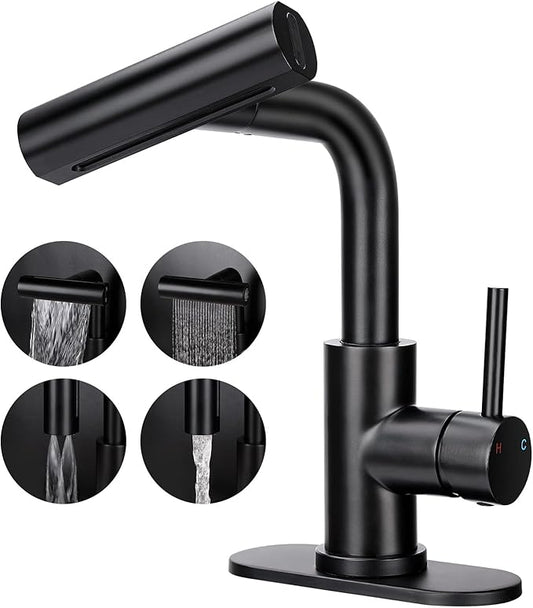 Bathroom Sink Faucet with 4 Mode Pull Down Sprayer, Matte Black Single Handle Pull Out Faucet with Pop-Up Drain, 1 or 3 Hole Laundry Bar Basin Faucet with Deck Plate