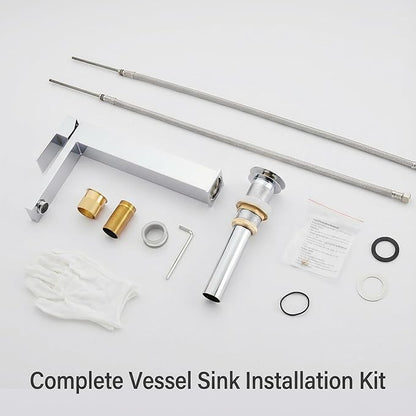 AVSIILE Chrome Vessel Sink Faucet, 1 Hole Single Handle Tall Bathroom Vanity Faucets, Modern Utility Rv Laundry Bath Restroom Mixer Tap with Metal Pop Up Drain and 2 Water Supply Lines