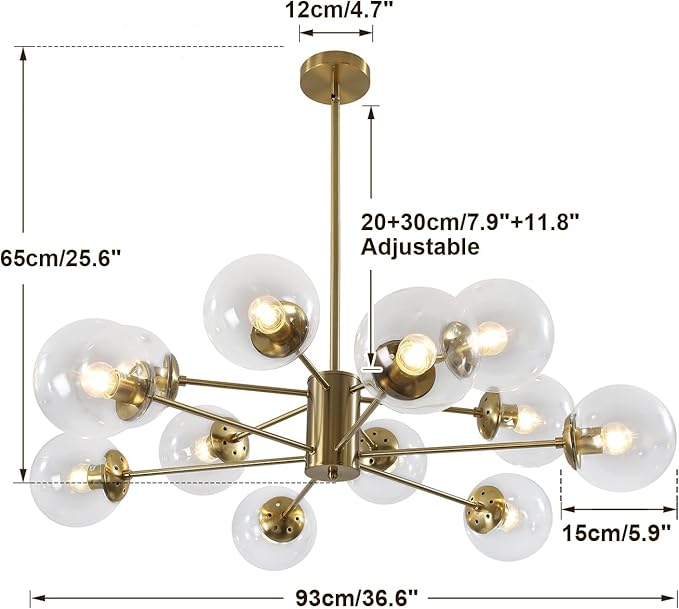 KCO Lighting 12-Light Modern Sputnik Chandelier Clear Bubble Glass Chandelier Mid Century Large Gold Globe Pendant Light Farmhouse Dining Room Lights Kitchen Island Lighting Fixture