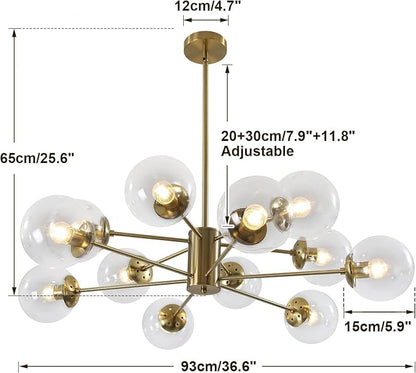 KCO Lighting 12-Light Modern Sputnik Chandelier Clear Bubble Glass Chandelier Mid Century Large Gold Globe Pendant Light Farmhouse Dining Room Lights Kitchen Island Lighting Fixture