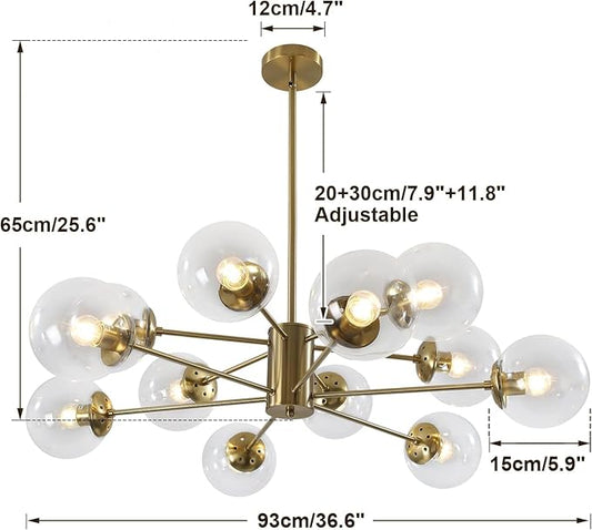 KCO Lighting 12-Light Modern Sputnik Chandelier Clear Bubble Glass Chandelier Mid Century Large Gold Globe Pendant Light Farmhouse Dining Room Lights Kitchen Island Lighting Fixture