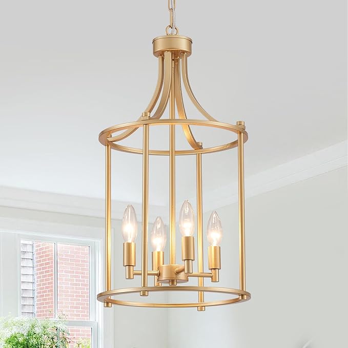 XINGQI Gold Chandeliers for Dining Room,4 Light Hanging Lantern Pendant Light Fixture Metal Farmhouse Geometric Chandelier Cage Pendant for Kitchen Island Entryway Living Room