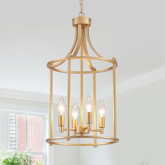 XINGQI Gold Chandeliers for Dining Room,4 Light Hanging Lantern Pendant Light Fixture Metal Farmhouse Geometric Chandelier Cage Pendant for Kitchen Island Entryway Living Room