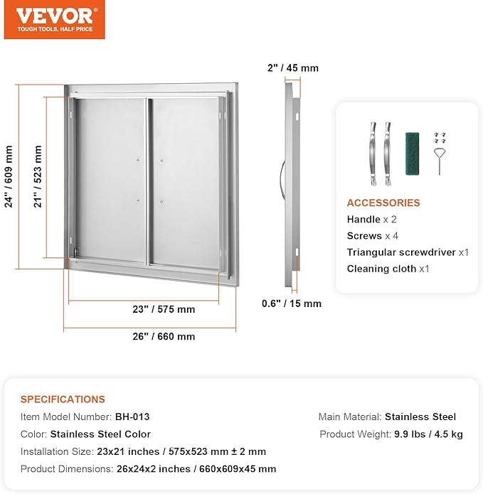 VEVOR BBQ Access Door, 26W x 24H Inch Double Outdoor Kitchen Door, Stainless Steel Flush Mount Door, Wall Vertical Door with Handles, for BBQ Island, Grilling Station, Outside Cabinet, Silver