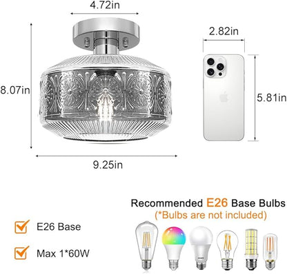 DSMJFU Semi Flush Mount Ceiling Light, Vintage Small Ceiling Light Fixture, Smokegray Thickened Glass Hallway Lighting Fixture, Chrome Kitchen Ceiling Mount Light for Entryway Bedroom Bathroom Kitchen