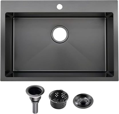 Friho 28x18 Inch Black Drop In Kitchen Sink, Stainless Steel Square RV Laundry Utility Sink, 28 Inch Topmount Deep Single Bowl Kitchen Sink With Basket Strainer