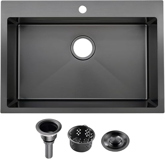 Friho 28x18 Inch Black Drop In Kitchen Sink, Stainless Steel Square RV Laundry Utility Sink, 28 Inch Topmount Deep Single Bowl Kitchen Sink With Basket Strainer