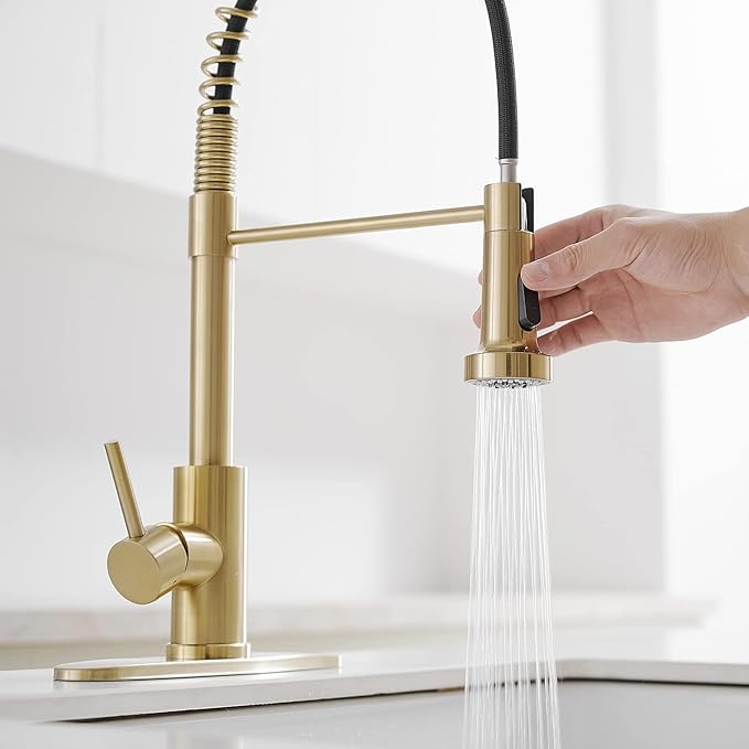 VOTON Kitchen Faucets with Pull Out Sprayer Commercial Spring Sink Faucet Stainless Steel Brushed Gold Pull Down Single Handle Farmhouse faucets with Deck Plate for Camper Laundry Utility Rv Wet Bar