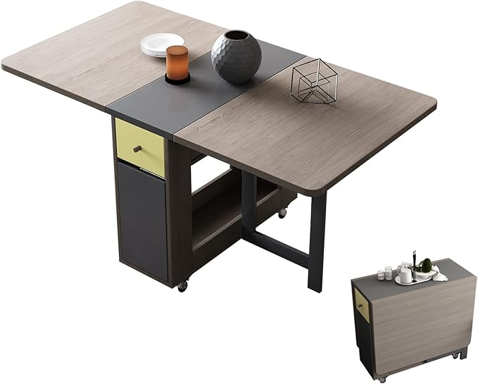 FUNROLUX Folding Dining Table with Storage Rack and 2 Drawers, Movable Kitchen Table Extendable Versatile Table Space Saving Foldable in 3 Forms (Grey)
