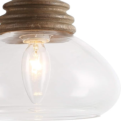 LOG BARN Farmhouse Pendant Light with Wood & Clear Glass for Kitchen, Entryway, Bedroom, Dining & Living Room - 7.5" X 7.5" X 7.5"