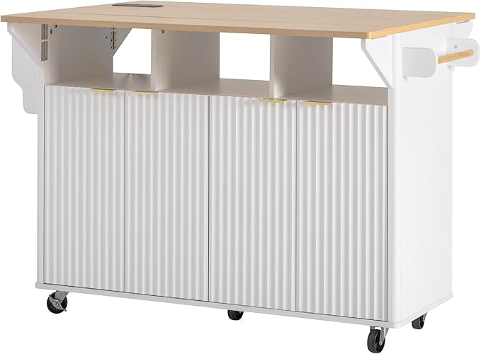 Modern Dining Table Kitchen Island with 2 Drop, Cart with Power Outlet, 4 Doors, Spice Rack, Rolling Wood Grain Top Table, Curved Edge for Living Room,White-MDF