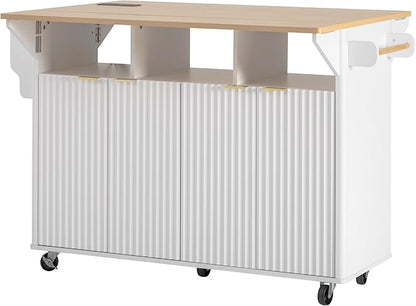 Modern Dining Table Kitchen Island with 2 Drop, Cart with Power Outlet, 4 Doors, Spice Rack, Rolling Wood Grain Top Table, Curved Edge for Living Room,White-MDF