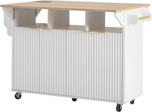 Modern Dining Table Kitchen Island with 2 Drop, Cart with Power Outlet, 4 Doors, Spice Rack, Rolling Wood Grain Top Table, Curved Edge for Living Room,White-MDF