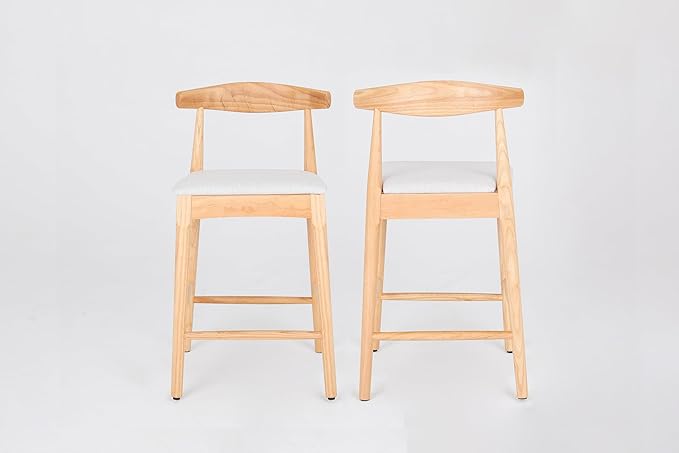Modern Dining Chairs,Mid-Century Rubberwood Bar Stools(Set of 2),Solid Wood Legs Upholstered Solid Chair,Kitchen Island Counter Height,Applicable to Bedroom,Living Room,Outdoor Lounge,Patio,Beige