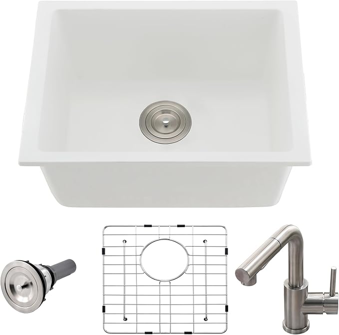 22 Inch Undermount Bar Sink White-Bokaiya 22x17 Small Kitchen Sink White Quartz Wet Bar Sink with Faucet Outdoor RV Single Bowl Kitchen Sink