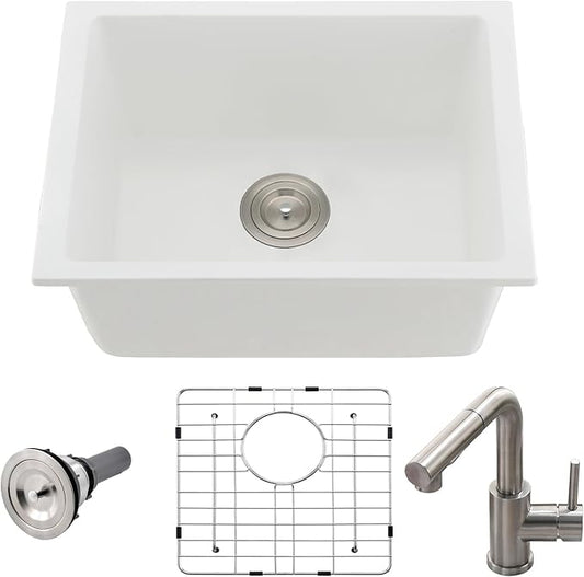 22 Inch Undermount Bar Sink White-Bokaiya 22x17 Small Kitchen Sink White Quartz Wet Bar Sink with Faucet Outdoor RV Single Bowl Kitchen Sink