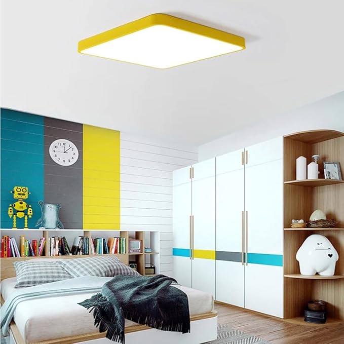 LED Ceiling Light Fixture,20 Inch Modern Square Recessed Ceiling Lights,48W 3000K-6000K Dimmable Light,Yellow Close to Ceiling Lighting Flush Mount for Bedroom Living Room Ceiling Lamp