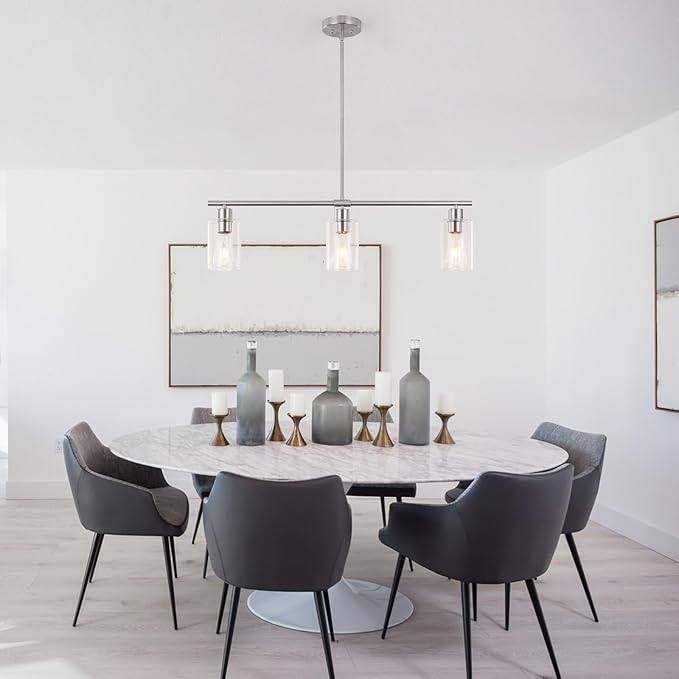 3-Light Modern Chandeliers, Brushed Nickel Kitchen Island Lighting Clear Glass Pendant Lighting Adjustable Height Linear Ceiling Hanging Light Fixture Pendant Light Dining Room Farmhouse
