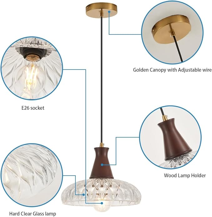 YLONG-ZS Glass Pendant Lights Kitchen Island,Modern Kitchen Hanging Pendant Ceiling Light,Vintage Walnut Wood Hanging Lamp for Bedroom Living Room Dining Room Restaurant Coffee Shop