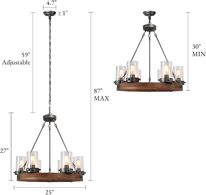 LALUZ Wood Wagon Wheel Chandelier, 6-Light Rustic Farmhouse Round Light Fixture with Seeded Glass Shades for Dining Room, Living Room, Bedroom, Foyer