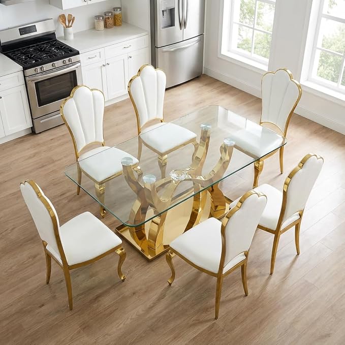 Large Glass Dining Table for 6-8,Gold Kitchen Table with Stainless Steel Base,68.9''Rectangle Dinner Table Glass Top,Modern Tables for Dining Room and Kitchen,Office,Sturdy Made(Table Only)
