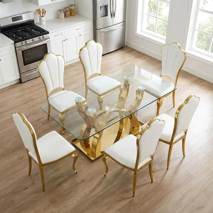 Large Glass Dining Table for 6-8,Gold Kitchen Table with Stainless Steel Base,68.9''Rectangle Dinner Table Glass Top,Modern Tables for Dining Room and Kitchen,Office,Sturdy Made(Table Only)