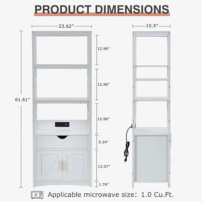 VECELO 3-Tier Microwave Stand Bakers Rack Cabinet, Fits 1.0 Cu.Ft. Oven, Farmhouse Storage with Charging Station, Coffee Bar Shelves & Drawer, Freestanding Cupboard, White