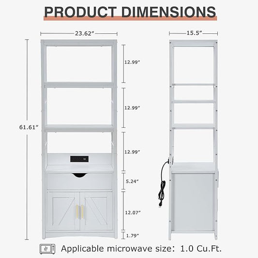 VECELO 3-Tier Microwave Stand with Power Outlet & USB Ports, 15.5" Deep Kitchen Pantry Cabinet, Fits 1.0 Cu.Ft Microwave, Modern Farmhouse Coffee Bar Storage with Drawer & Barn Door for Kitchen, White