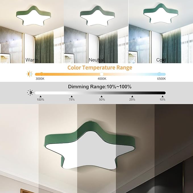 LED Ceiling Light Fixture, Modern Pentagram Recessed Ceiling Lights, 3000K-6000K Dimmable Light, Close to Lighting Flush Mount Living Room Pendant Lamps (Green, 24inch)