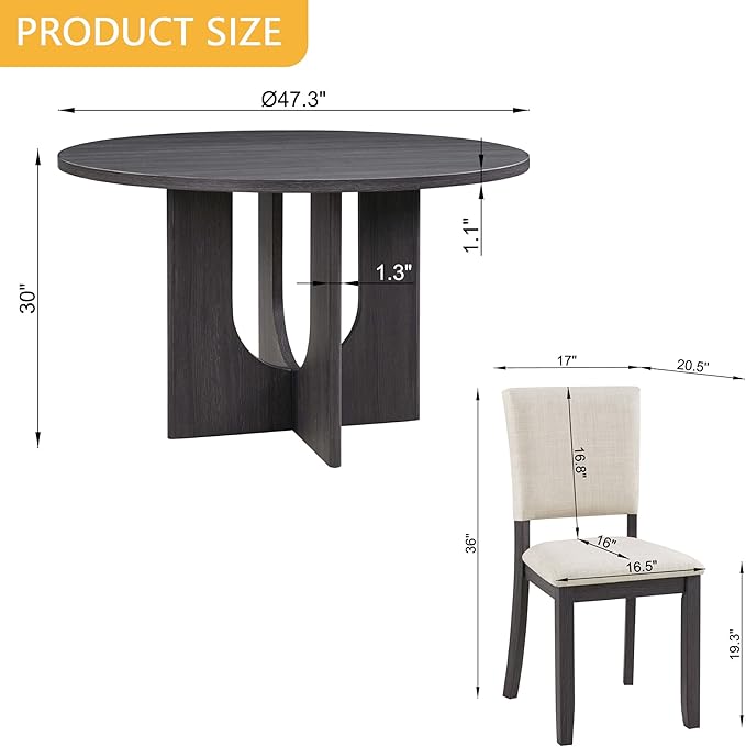 5-Piece Round Dining Table Set for 4, 47.3" Round Dining Room Table with 4 Upholstered Chairs, Modern Kitchen Table and Chairs Set of 4 for Kitchen and Dining Room, Antique Black & Beige