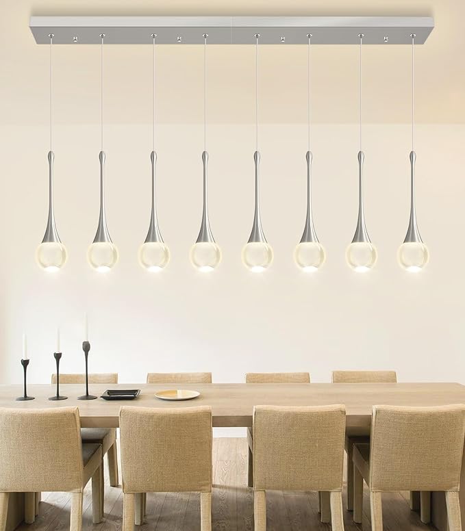 Rectangular Crystal Pendant Lights for Kitchen Island 8 Light Dimmable Crystal Chandelier Lighting Fixtures with Remote for Dining Room Living Room Silver