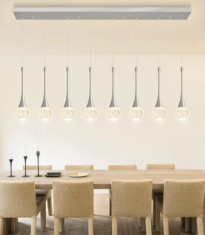 Rectangular Crystal Pendant Lights for Kitchen Island 8 Light Dimmable Crystal Chandelier Lighting Fixtures with Remote for Dining Room Living Room Silver