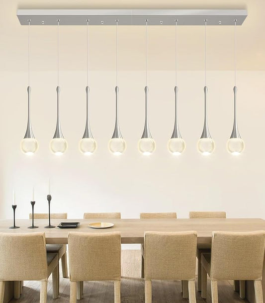 Rectangular Crystal Pendant Lights for Kitchen Island 8 Light Dimmable Crystal Chandelier Lighting Fixtures with Remote for Dining Room Living Room Silver