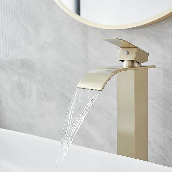 Vessel Sink Faucet Brushed Gold Waterfall Spout Faucet for Bathroom Sink Tall Single Handle One Hole Deck Mount Bowl Vanity Sink Taps with Pop-up Drain Stopper
