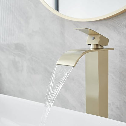 Vessel Sink Faucet Brushed Gold Waterfall Spout Faucet for Bathroom Sink Tall Single Handle One Hole Deck Mount Bowl Vanity Sink Taps with Pop-up Drain Stopper