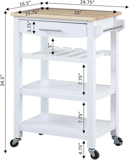 Convenience Concepts Ellaine Butcher Block Kitchen Cart 24.75" - 4 Tier Kitchen Island with Storage Drawer, Dining Room Wine Rack on Wheels, Coffee Station Table, Mobile Utility Trolley, White