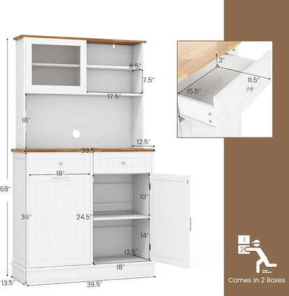 LOKO 68” Tall Kitchen Pantry Cabinet, Wood Sideboard Cupboard with Microwave Countertop, Sliding Glass Door, Freestanding Buffet Hutch with Trash Can Storage, for Home Coffee Bar, White & Natural