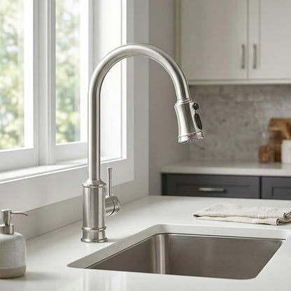 Brushed Nickel Kitchen Faucet with Pull Down Sprayer, Vintage 3 Mode Sprayer Kitchen Sink Faucet for Praticial Use, Antique Farmhouse Style, Deck Mount