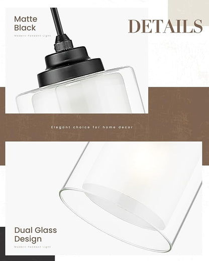 TENGXIN 3 Light Pendant Light,Matte Black Modern Pendant Light for Kitchen Island,Hanging Light with Dual Glass Shade,Farmhouse Pendant Lights for Dining Room,Bedroom,TXPLBK04