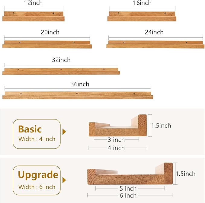 Oak Floating Shelves for Wall 12 Inch (Upgrade Width 6"), Natural Wood Wall Shelves Display Picture Ledge Shelf for Living Room Bedroom Bathroom Kitchen Office Decor and Storage