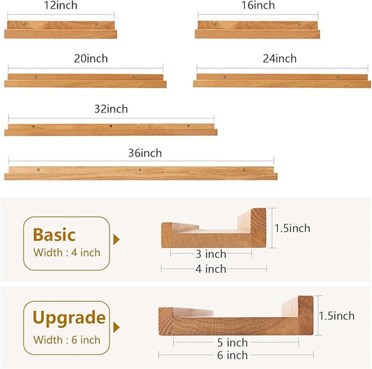 Oak Floating Shelves for Wall 16 Inch (Upgrade Width 6"), Natural Wood Wall Shelves Display Picture Ledge Shelf for Living Room Bedroom Bathroom Kitchen Office Decor and Storage